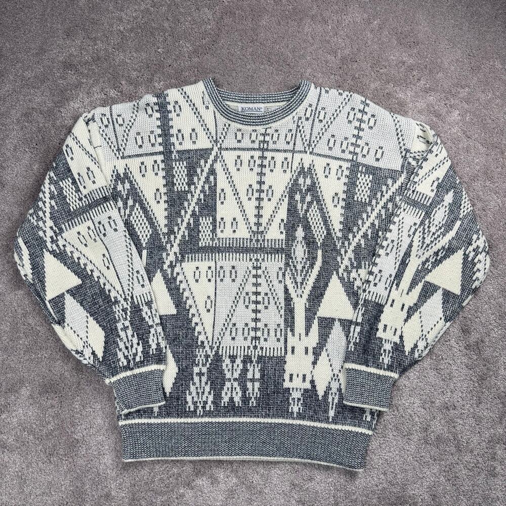 Koman Size M Gray Cream Geometric Tribal Knit Sweater Vintage 90s Grandpa
